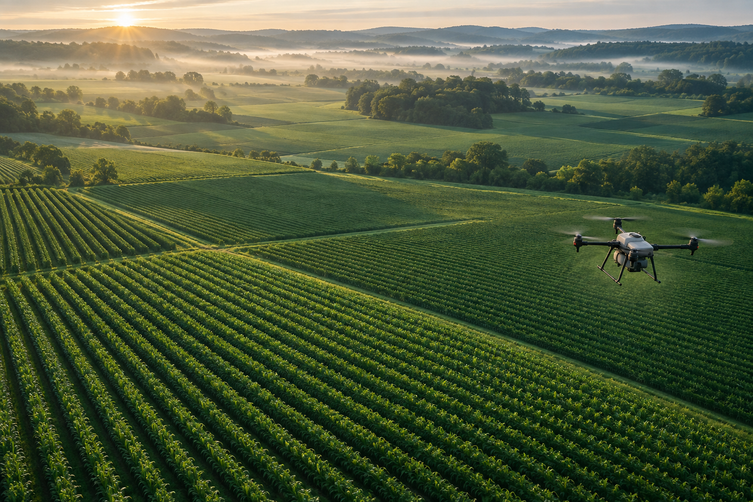 Rows of crops stretching across green farmland