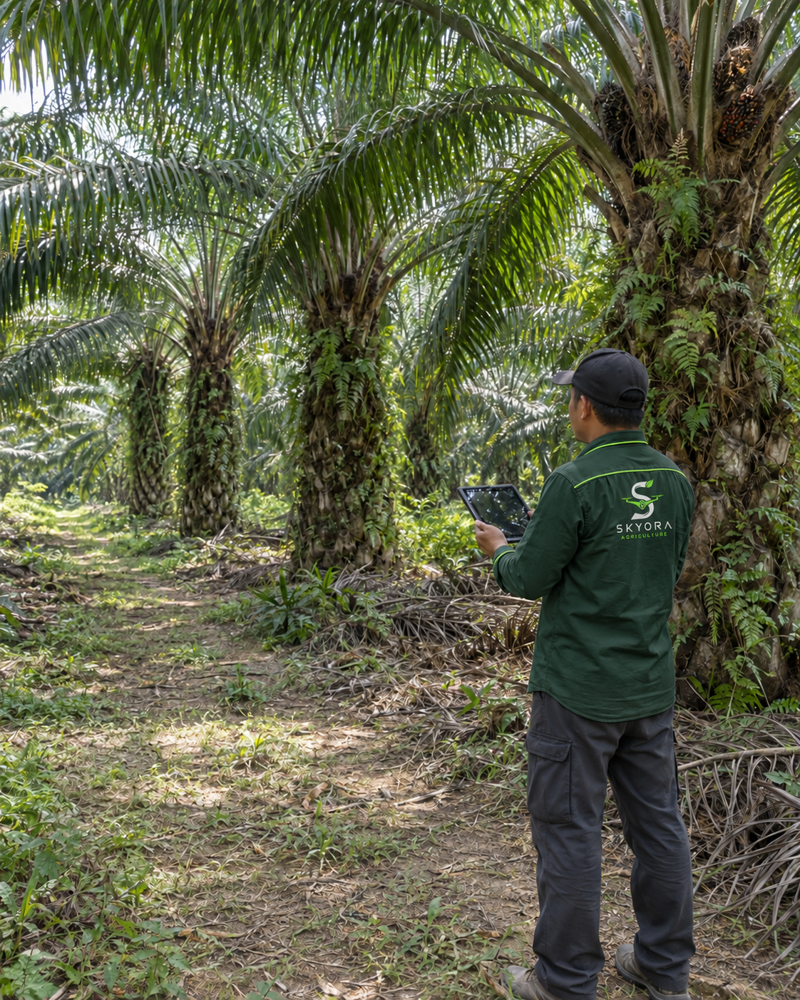 Illustrative scene of an agricultural worker in a green Skyora uniform using a tablet among oil palm trees